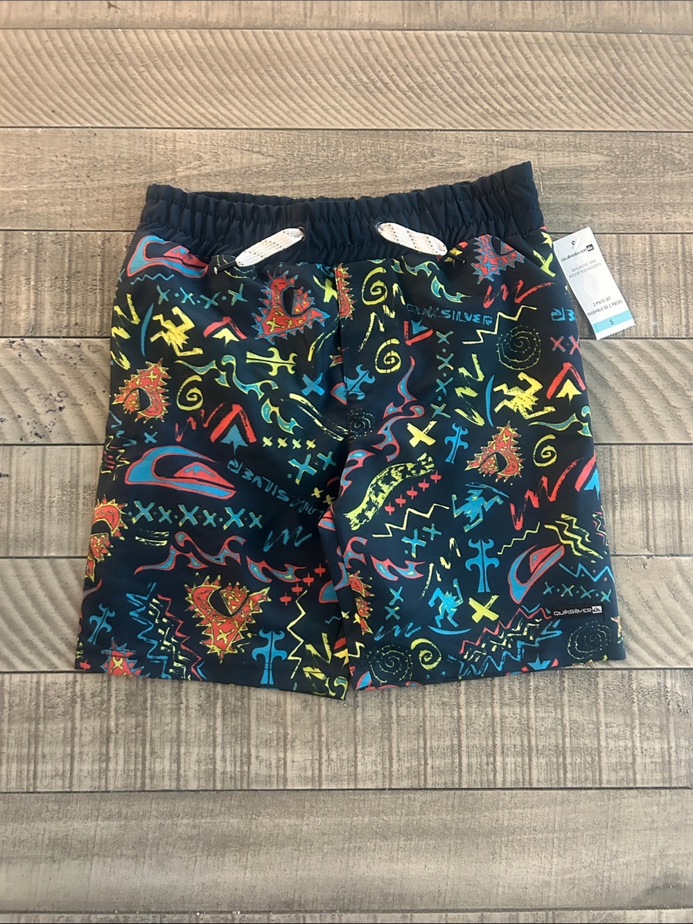 Quiksilver Kids Black Swim Trunks with Bright Neon Scribble Print